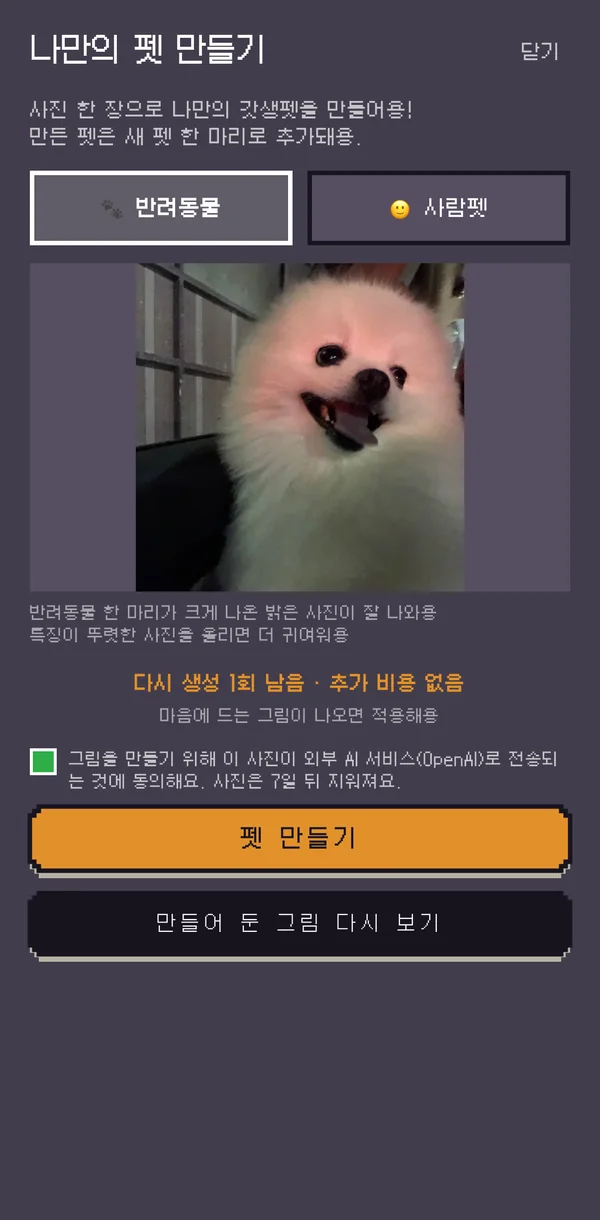 반려동물 사진을 올리는 나만의 펫 만들기 화면